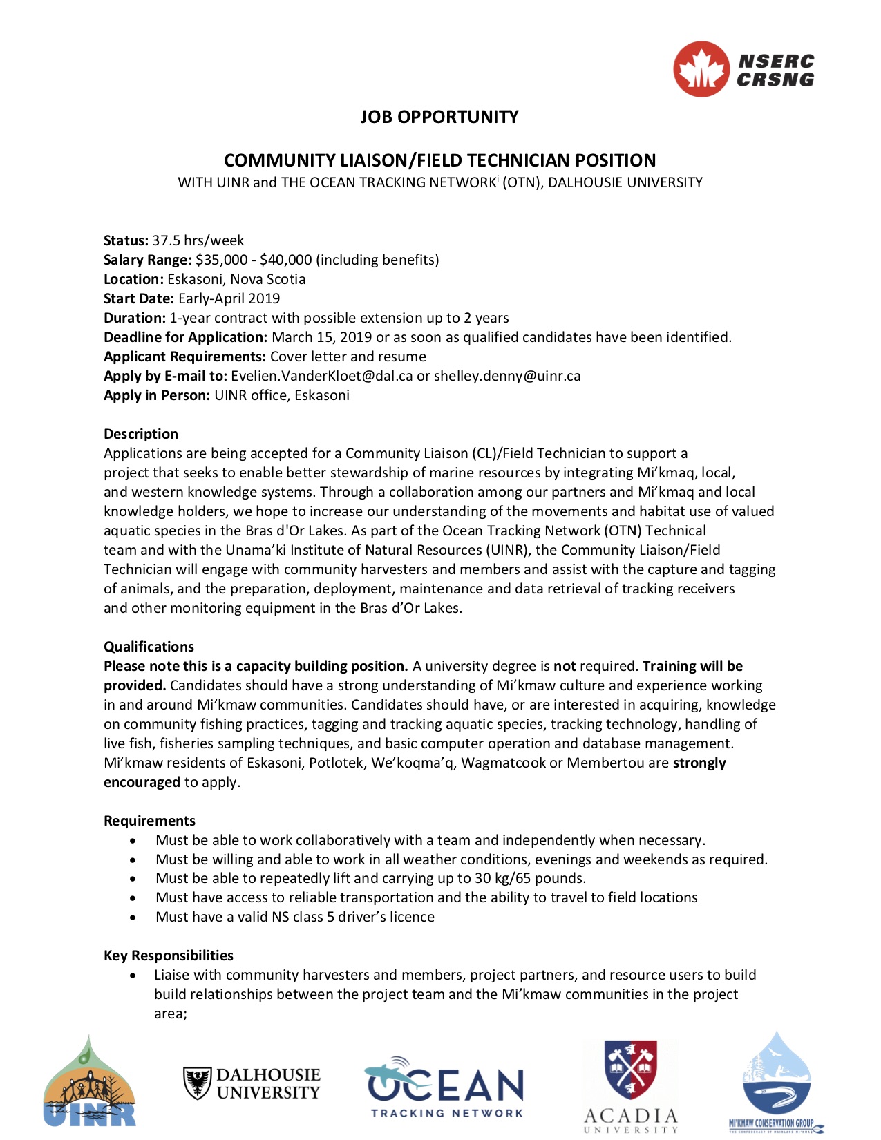 Job Opportunity: Community Liaison / Field Technician
